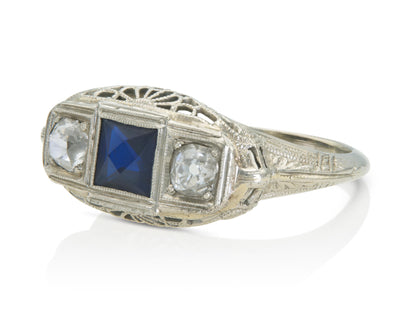 Antique Art Deco 1920s Three Stone Synthetic Sapphire and Diamond Ring