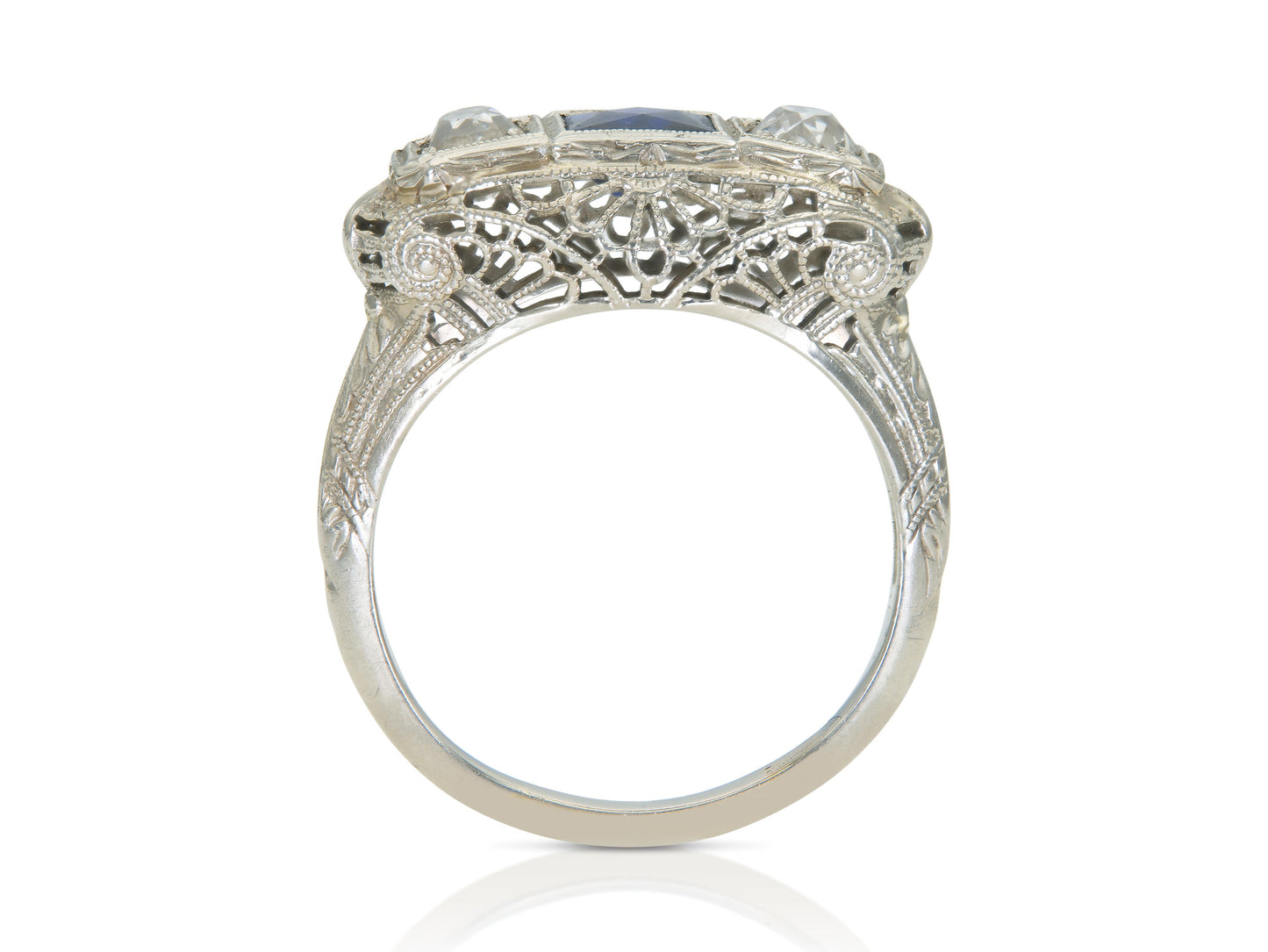 Antique Art Deco 1920s Three Stone Synthetic Sapphire and Diamond Ring
