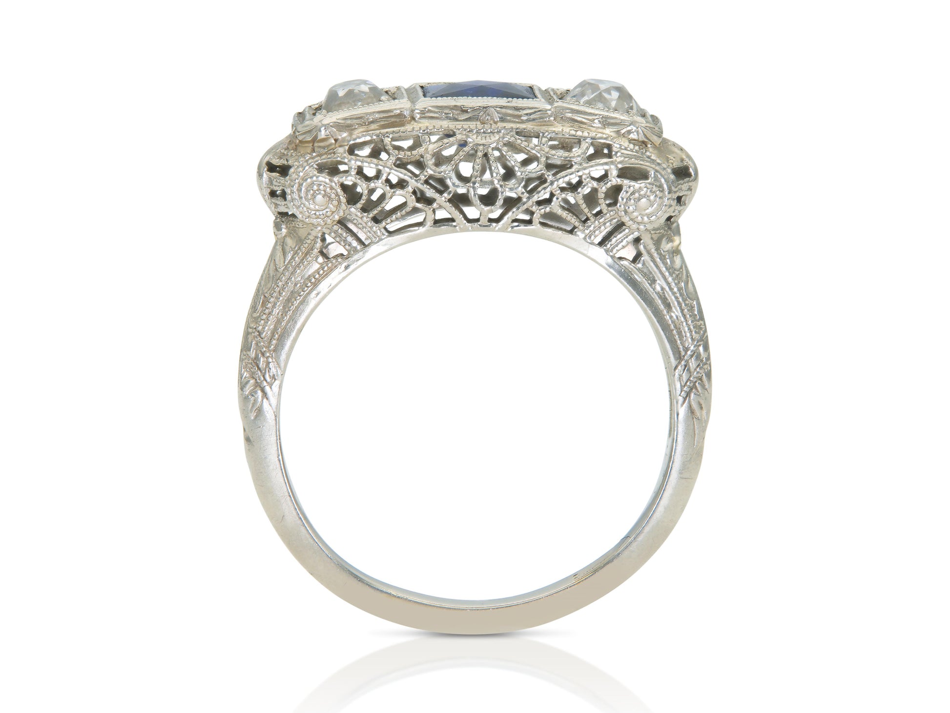 Antique Art Deco 1920s Three Stone Synthetic Sapphire and Diamond Ring