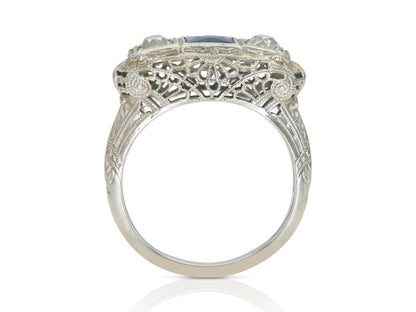 Antique Art Deco 1920s Three Stone Synthetic Sapphire and Diamond Ring