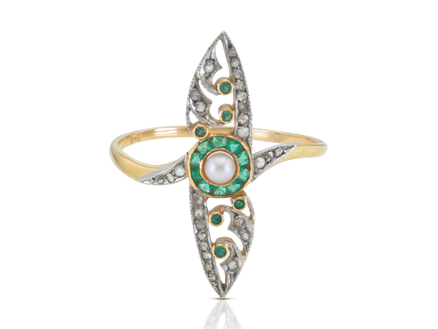 Antique 1900s Edwardian Diamond, Emerald & Pearl Navette Ring