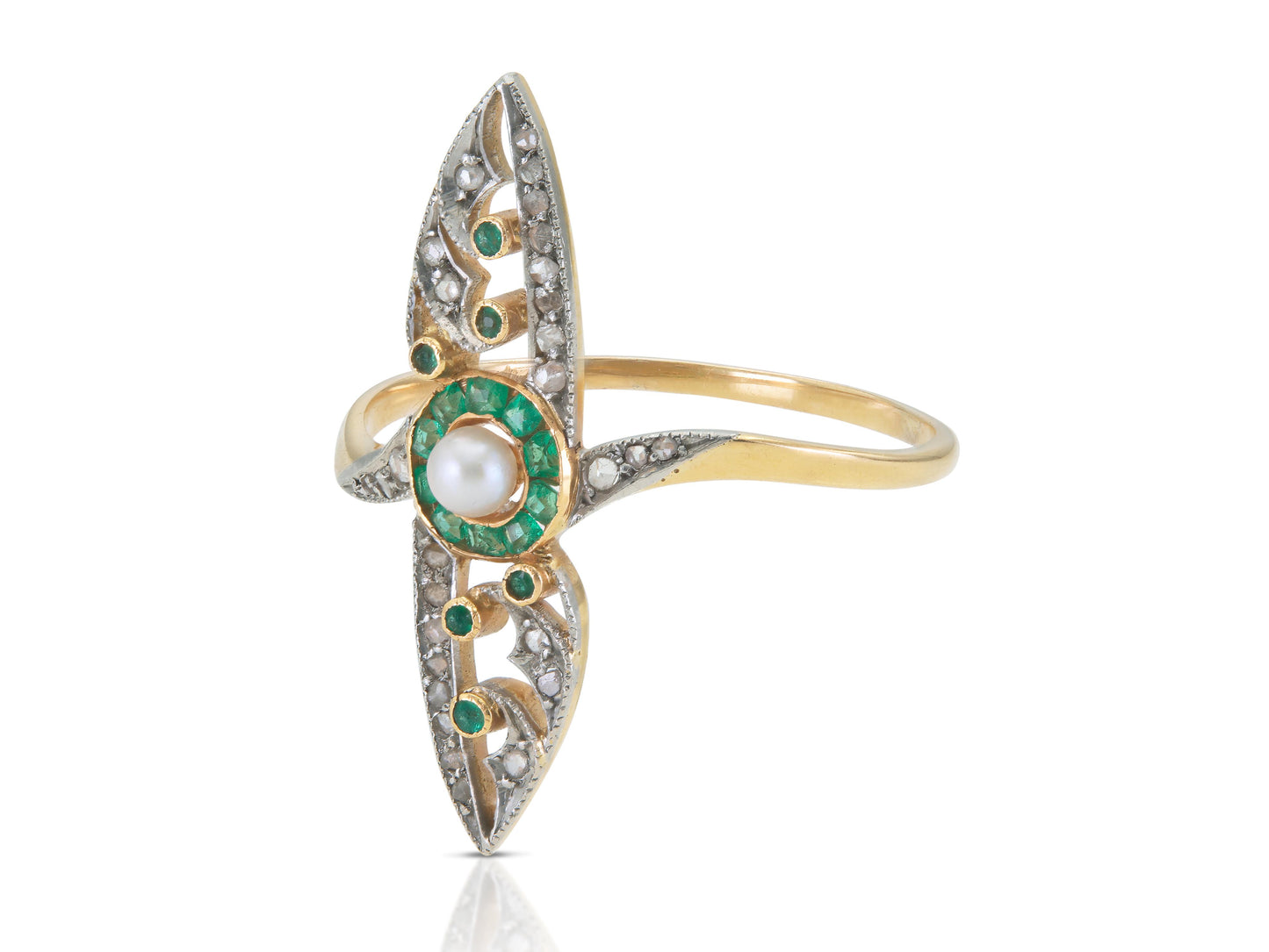 Antique 1900s Edwardian Diamond, Emerald & Pearl Navette Ring