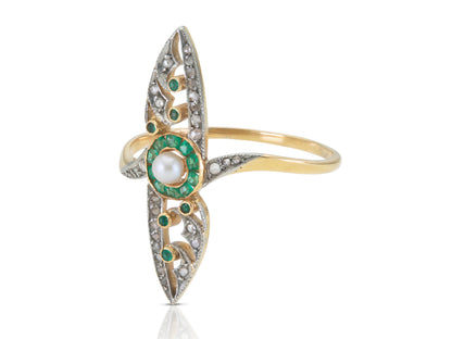 Antique 1900s Edwardian Diamond, Emerald & Pearl Navette Ring