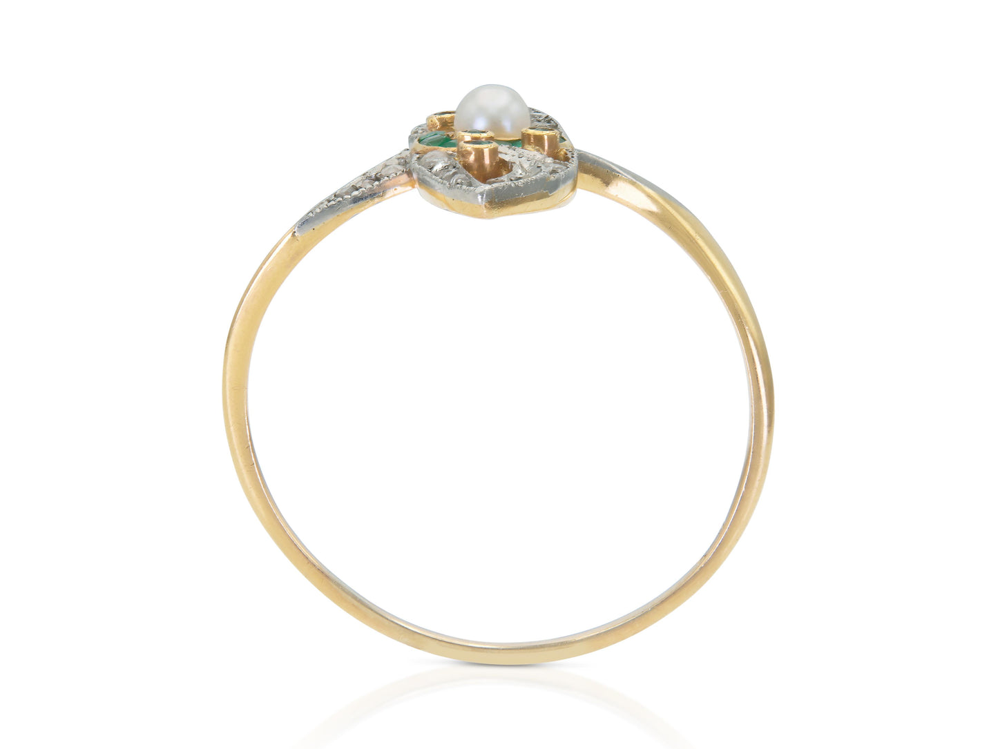 Antique 1900s Edwardian Diamond, Emerald & Pearl Navette Ring