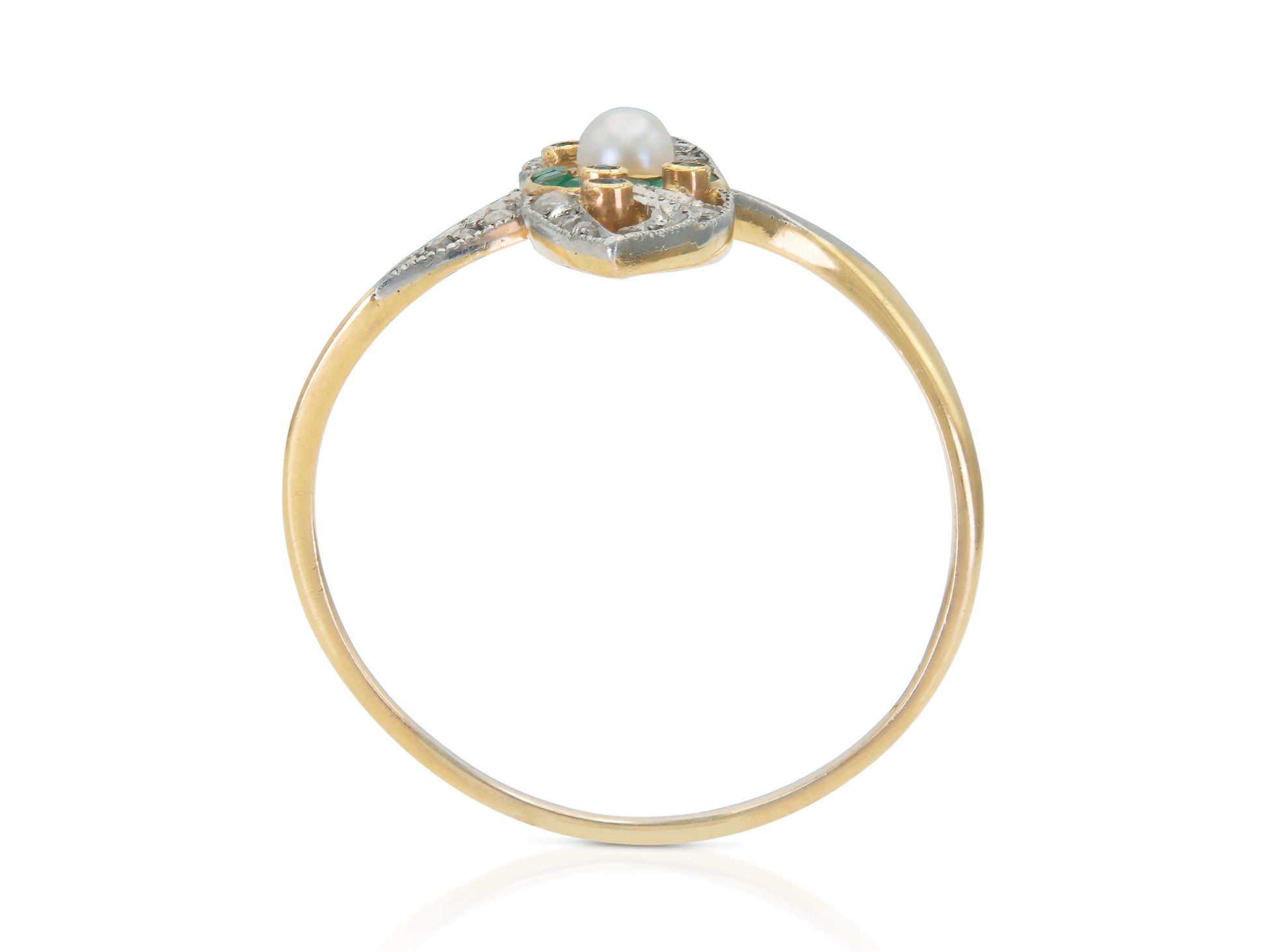 Antique 1900s Edwardian Diamond, Emerald & Pearl Navette Ring