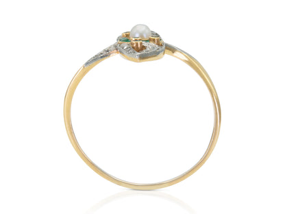 Antique 1900s Edwardian Diamond, Emerald & Pearl Navette Ring