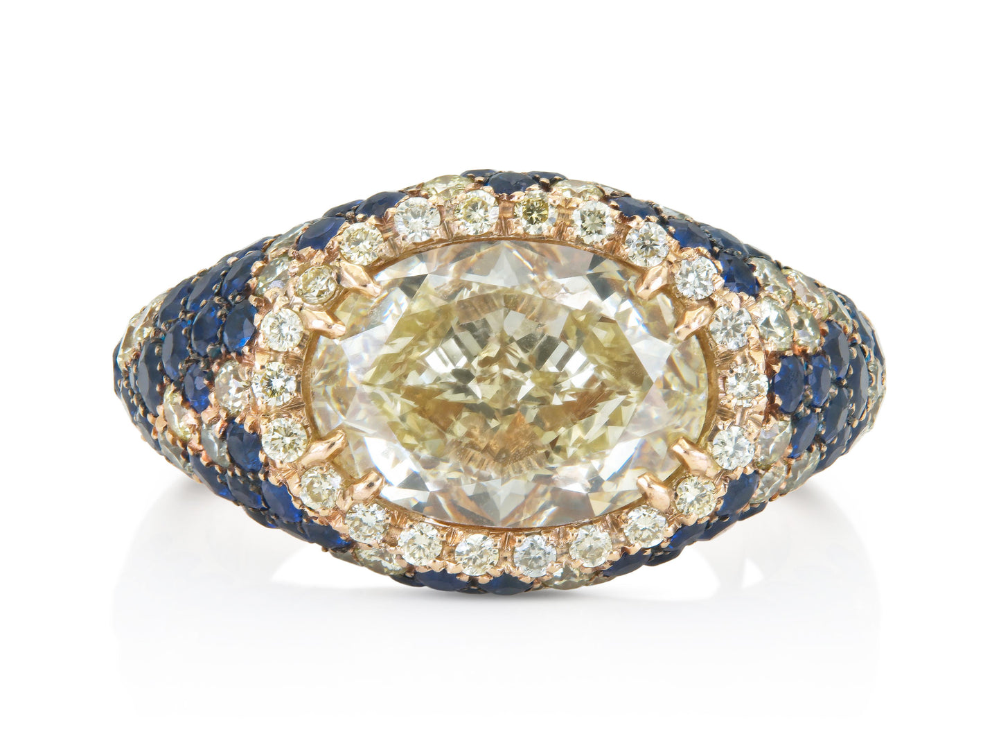 Crivelli 4.05 Carat Oval Cut Fancy Light Yellow Diamond Ring with Sapphires