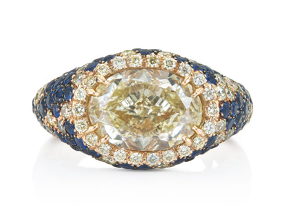 Crivelli 4.05 Carat Oval Cut Fancy Light Yellow Diamond Ring with Sapphires