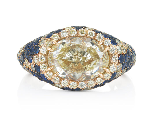 Crivelli 4.05 Carat Oval Cut Fancy Light Yellow Diamond Ring with Sapphires