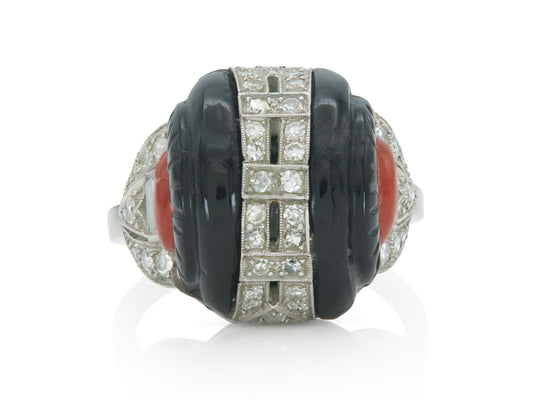 Antique Art Deco 1920s Carved Black Onyx and Coral Ring with Diamonds