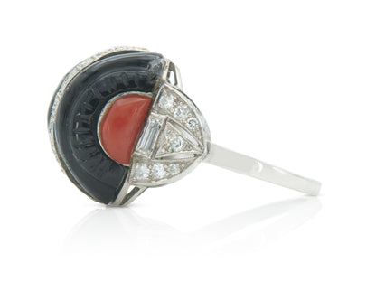 Antique Art Deco 1920s Carved Black Onyx and Coral Ring with Diamonds