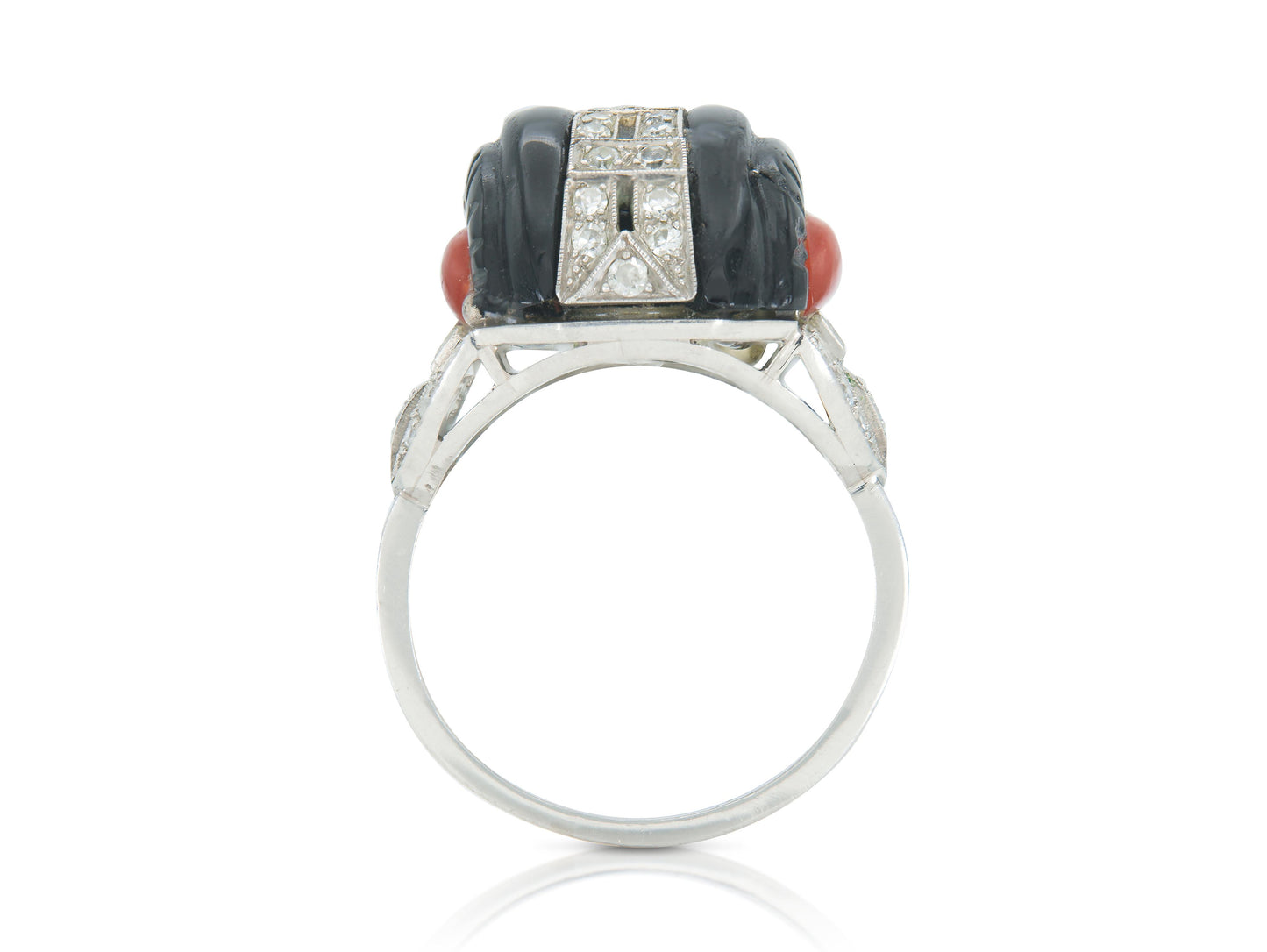 Antique Art Deco 1920s Carved Black Onyx and Coral Ring with Diamonds