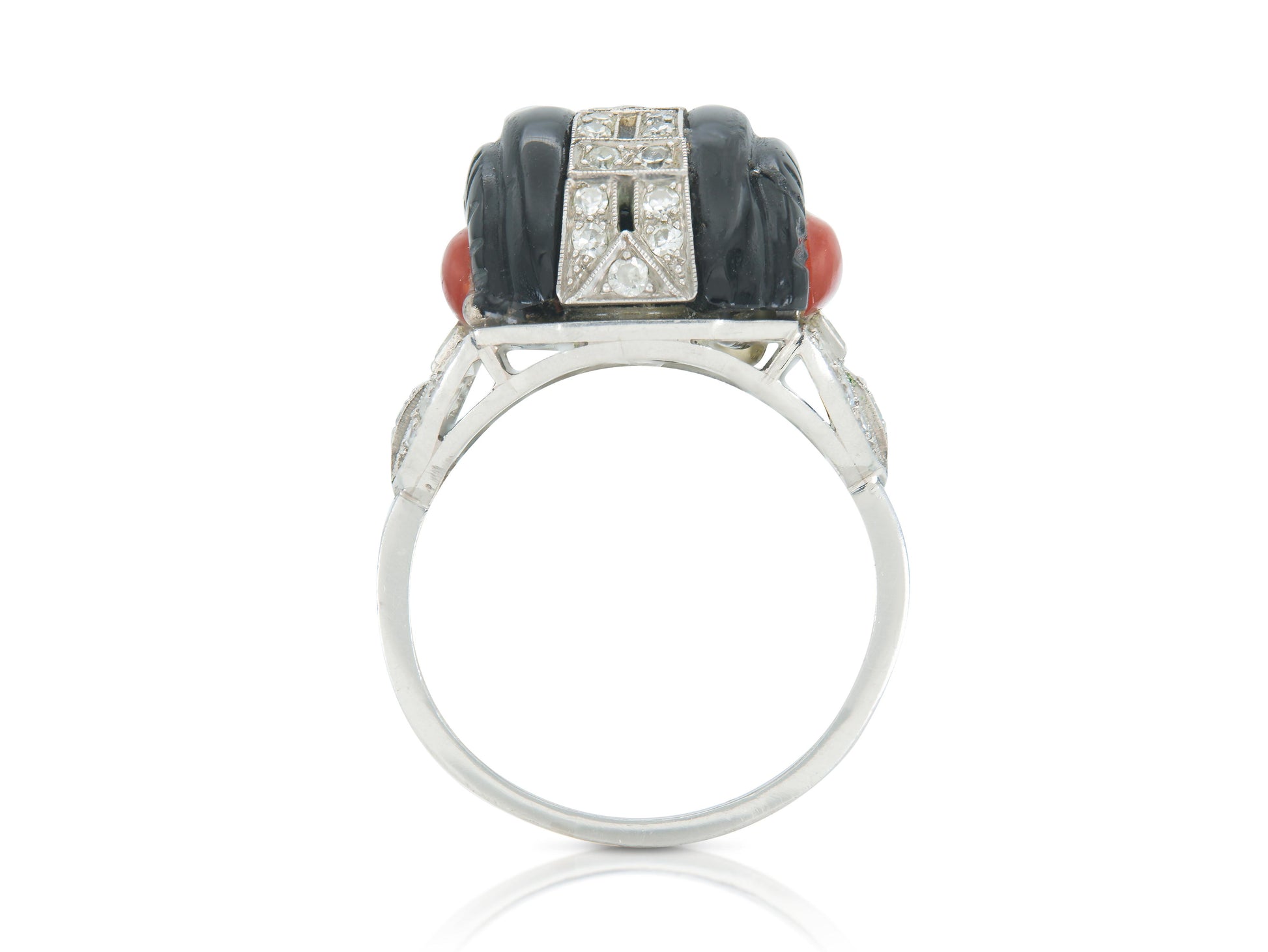 Antique Art Deco 1920s Carved Black Onyx and Coral Ring with Diamonds
