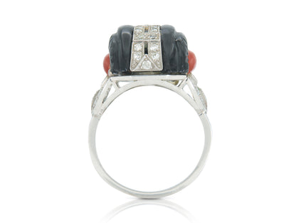 Antique Art Deco 1920s Carved Black Onyx and Coral Ring with Diamonds