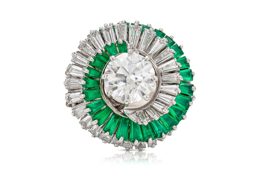 Vintage 1950s 1.52 Carat Diamond Ring with Emerald and Diamond Swirl Setting