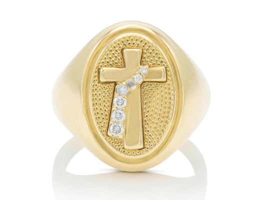 Vintage 1980s Gold Cross Signet Ring with Diamonds