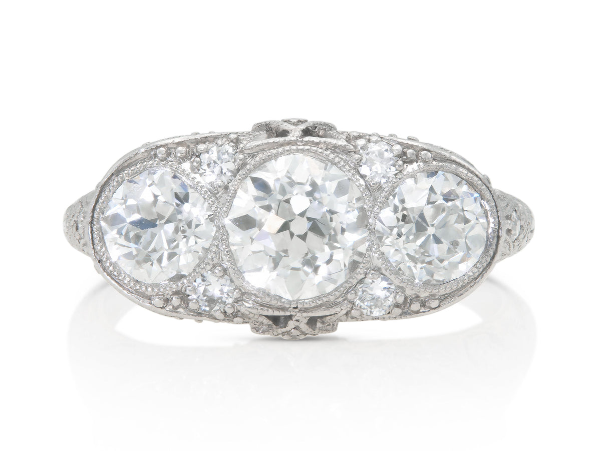 Antique Edwardian 1910s Old European Cut Three Stone Diamond Ring