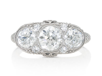 Antique Edwardian 1910s Old European Cut Three Stone Diamond Ring