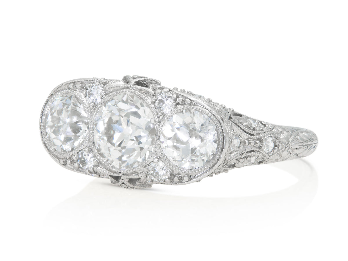 Antique Edwardian 1910s Old European Cut Three Stone Diamond Ring