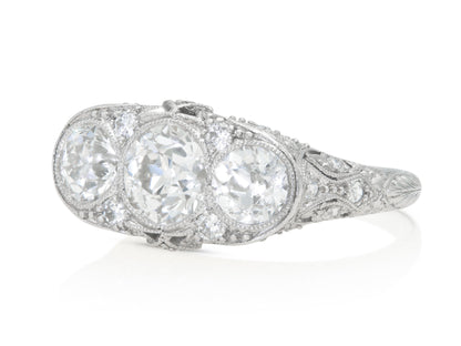 Antique Edwardian 1910s Old European Cut Three Stone Diamond Ring