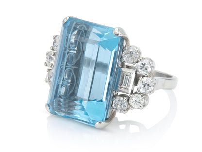 Antique Art Deco 1930s 30.00 Carat Aquamarine Cocktail Ring with Diamonds