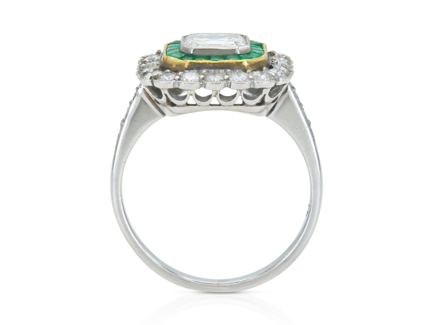 Antique Art Deco 1920s 1.20 Carat Asscher Cut Diamond Square Ring with Emeralds