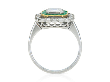 Antique Art Deco 1920s 1.20 Carat Asscher Cut Diamond Square Ring with Emeralds
