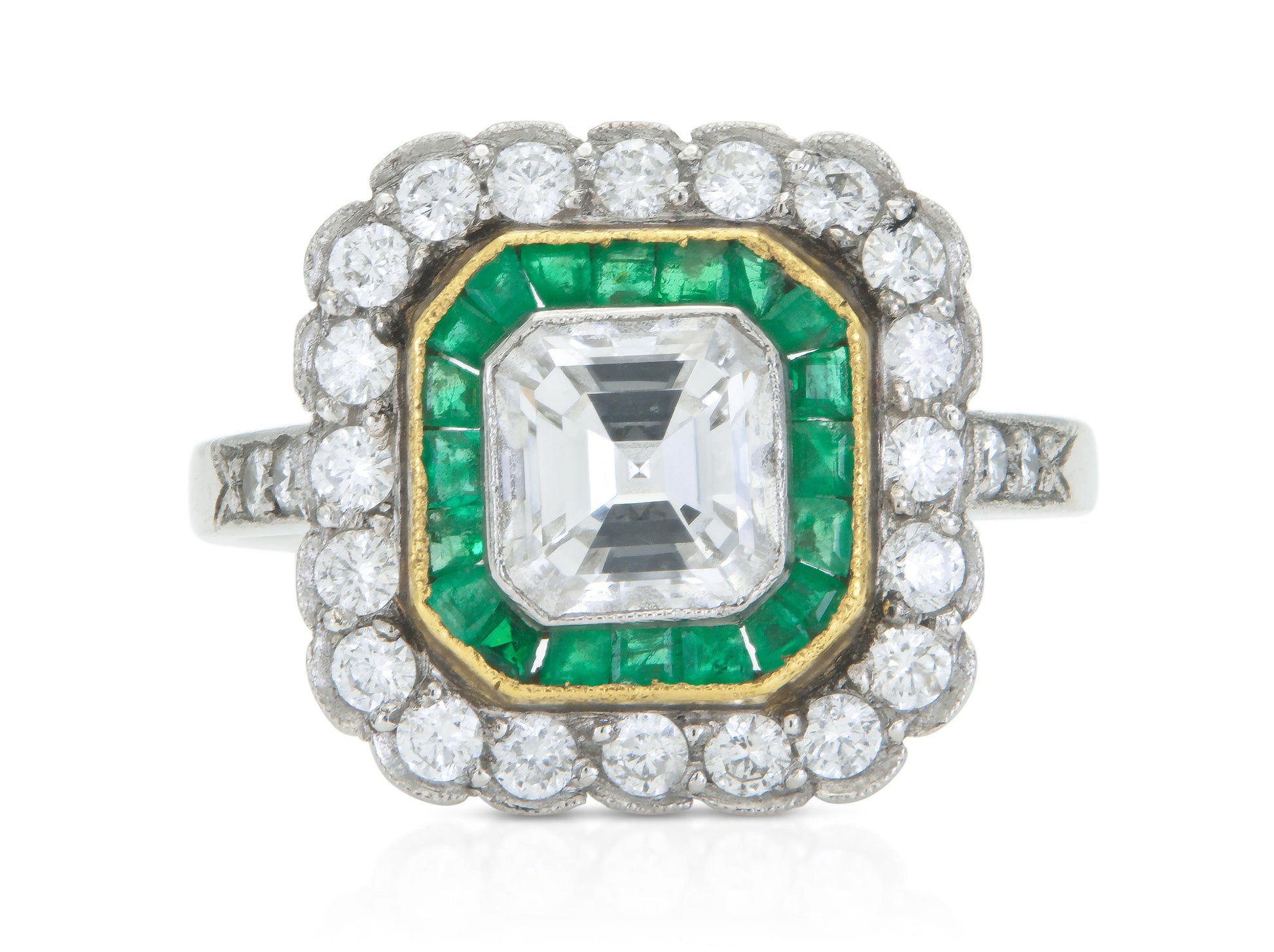 Antique Art Deco 1920s 1.20 Carat Asscher Cut Diamond Square Ring with Emeralds
