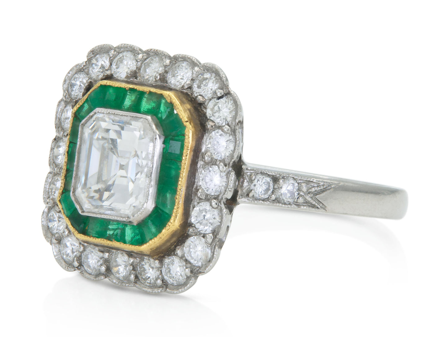 Antique Art Deco 1920s 1.20 Carat Asscher Cut Diamond Square Ring with Emeralds