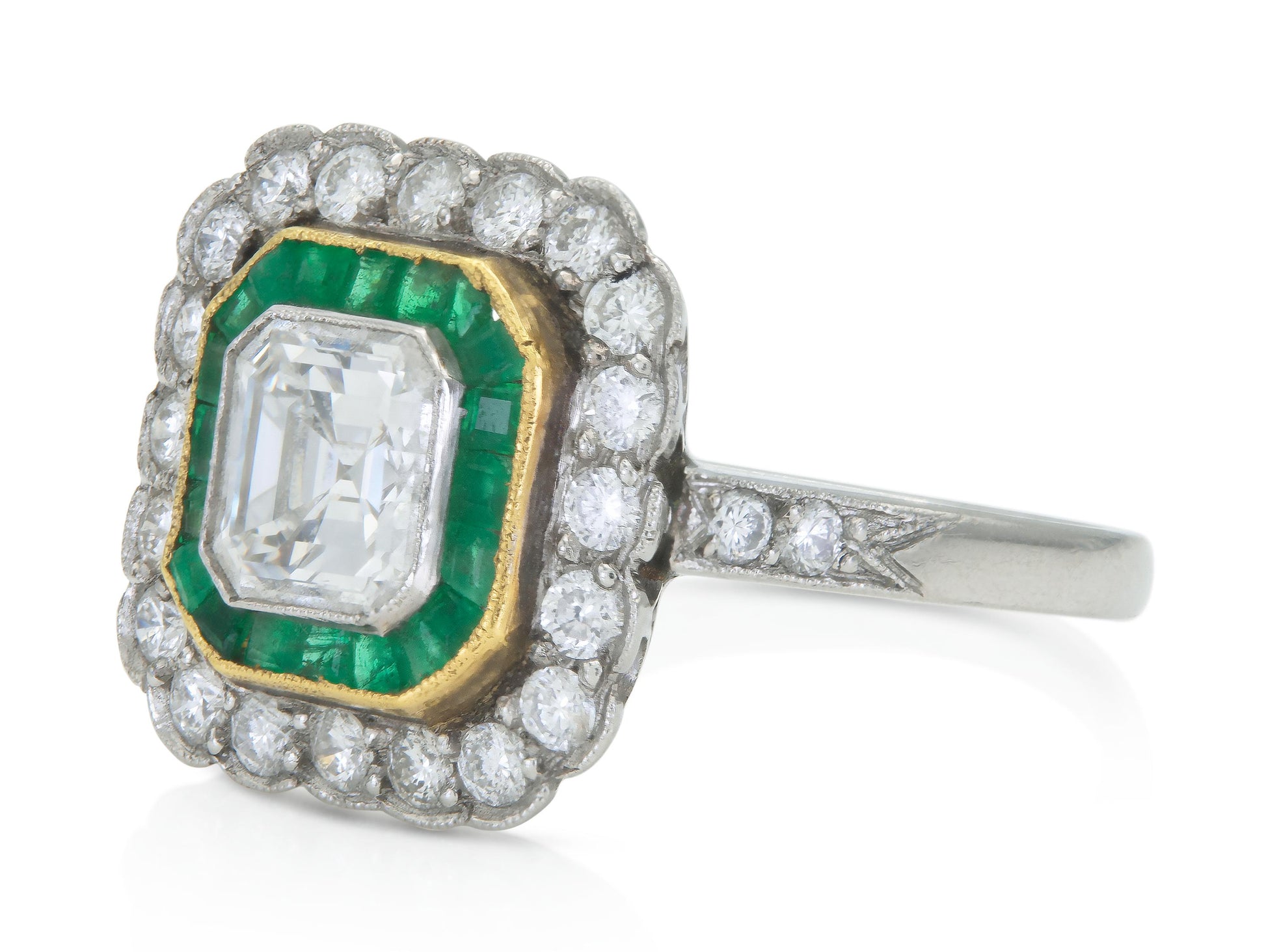 Antique Art Deco 1920s 1.20 Carat Asscher Cut Diamond Square Ring with Emeralds