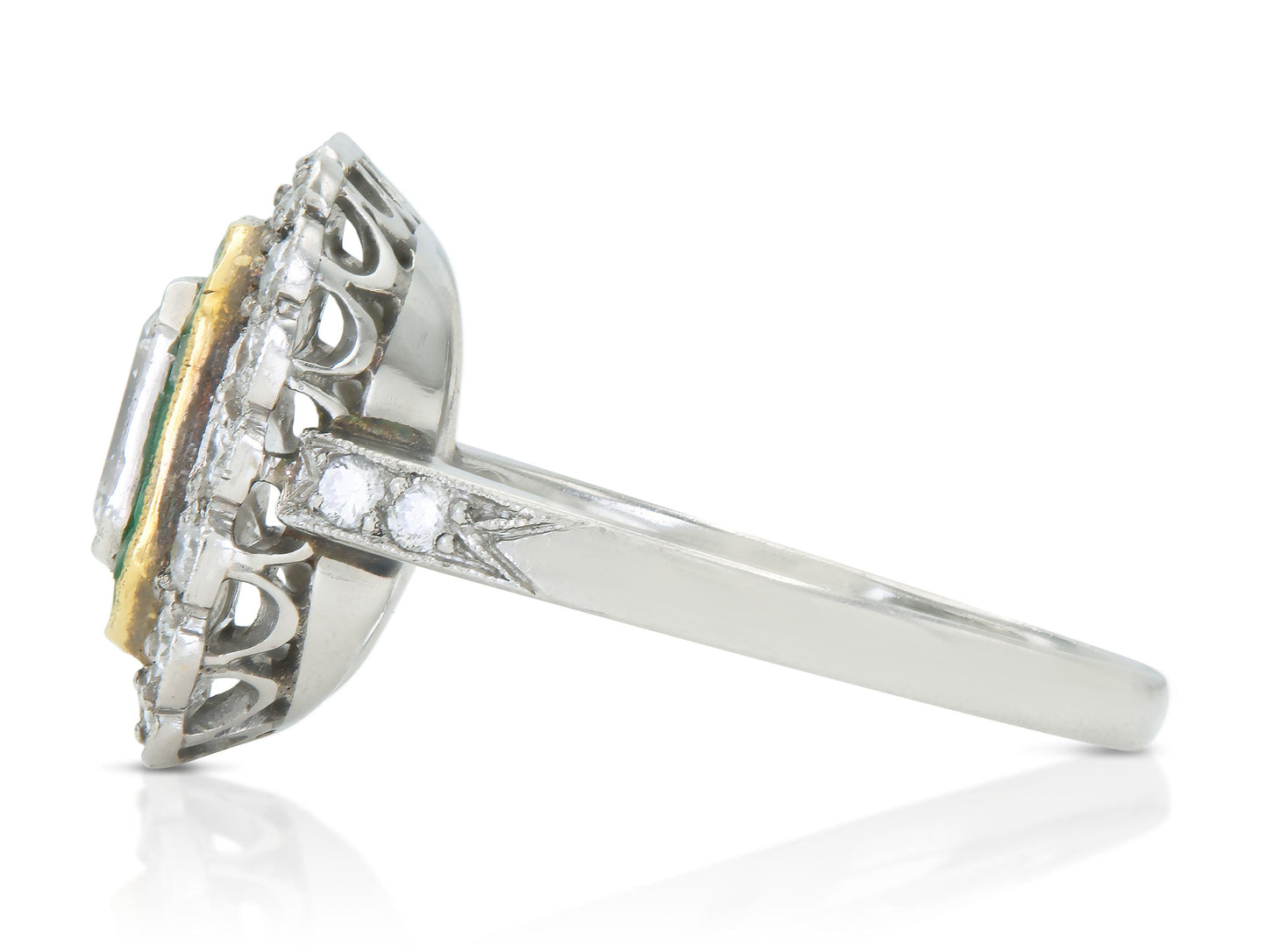 Antique Art Deco 1920s 1.20 Carat Asscher Cut Diamond Square Ring with Emeralds