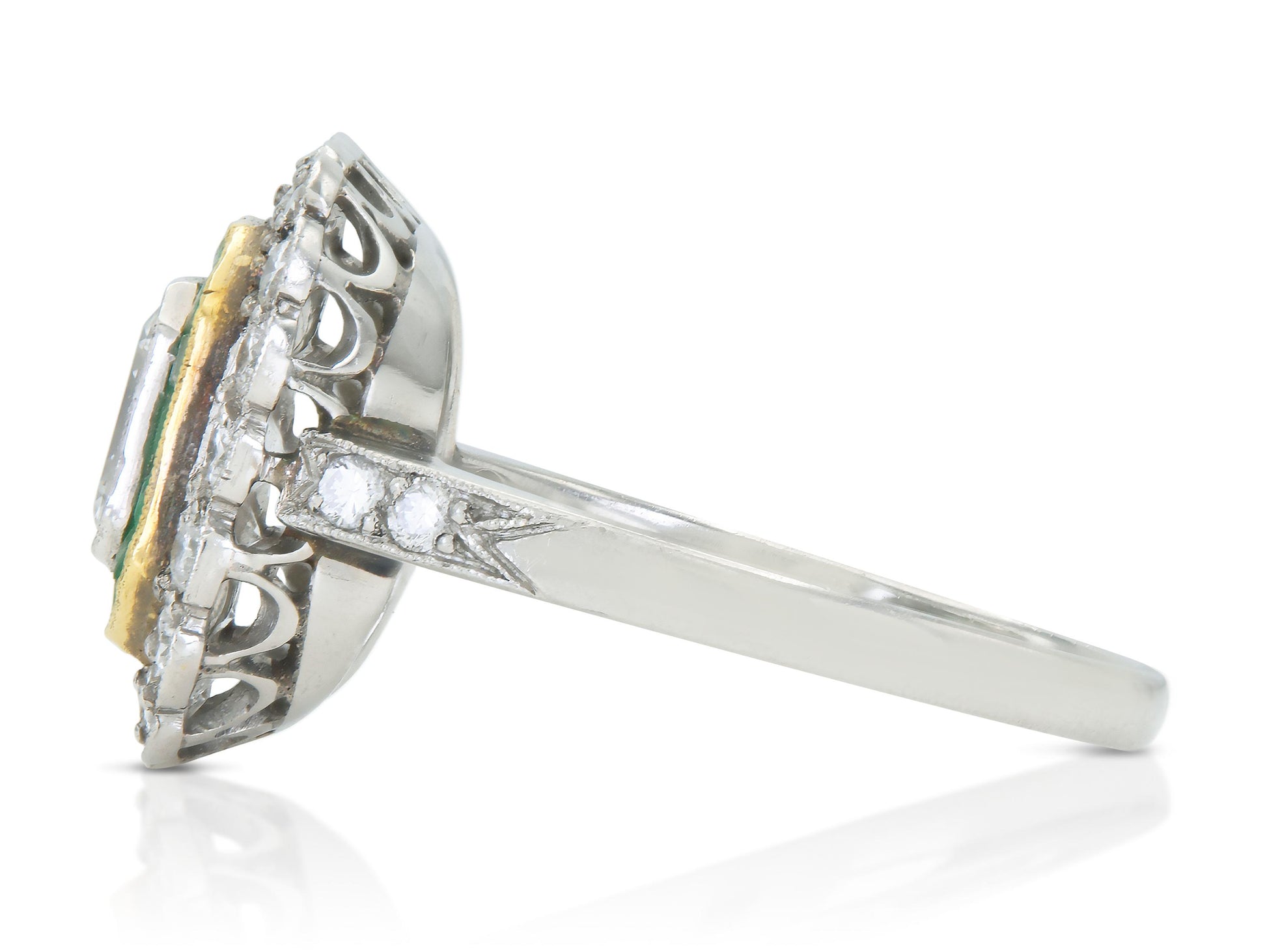 Antique Art Deco 1920s 1.20 Carat Asscher Cut Diamond Square Ring with Emeralds