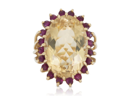 Vintage 1940s Retro 10.00 Carat Citrine Ring with Ruby Halo