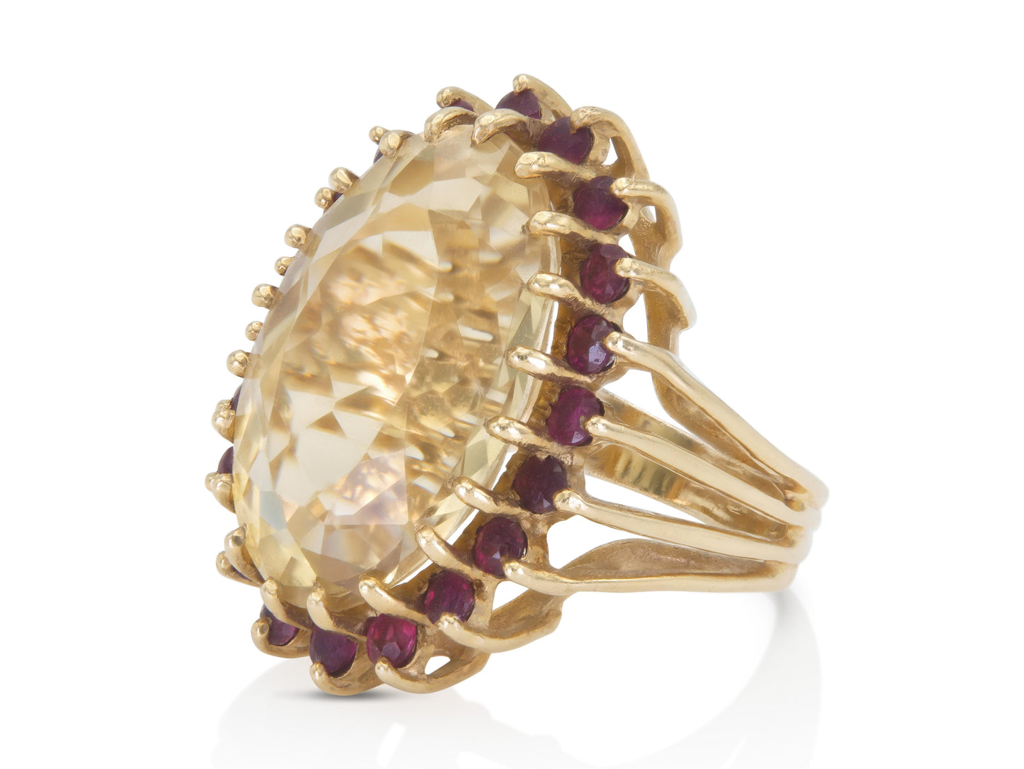 Vintage 1940s Retro 10.00 Carat Citrine Ring with Ruby Halo