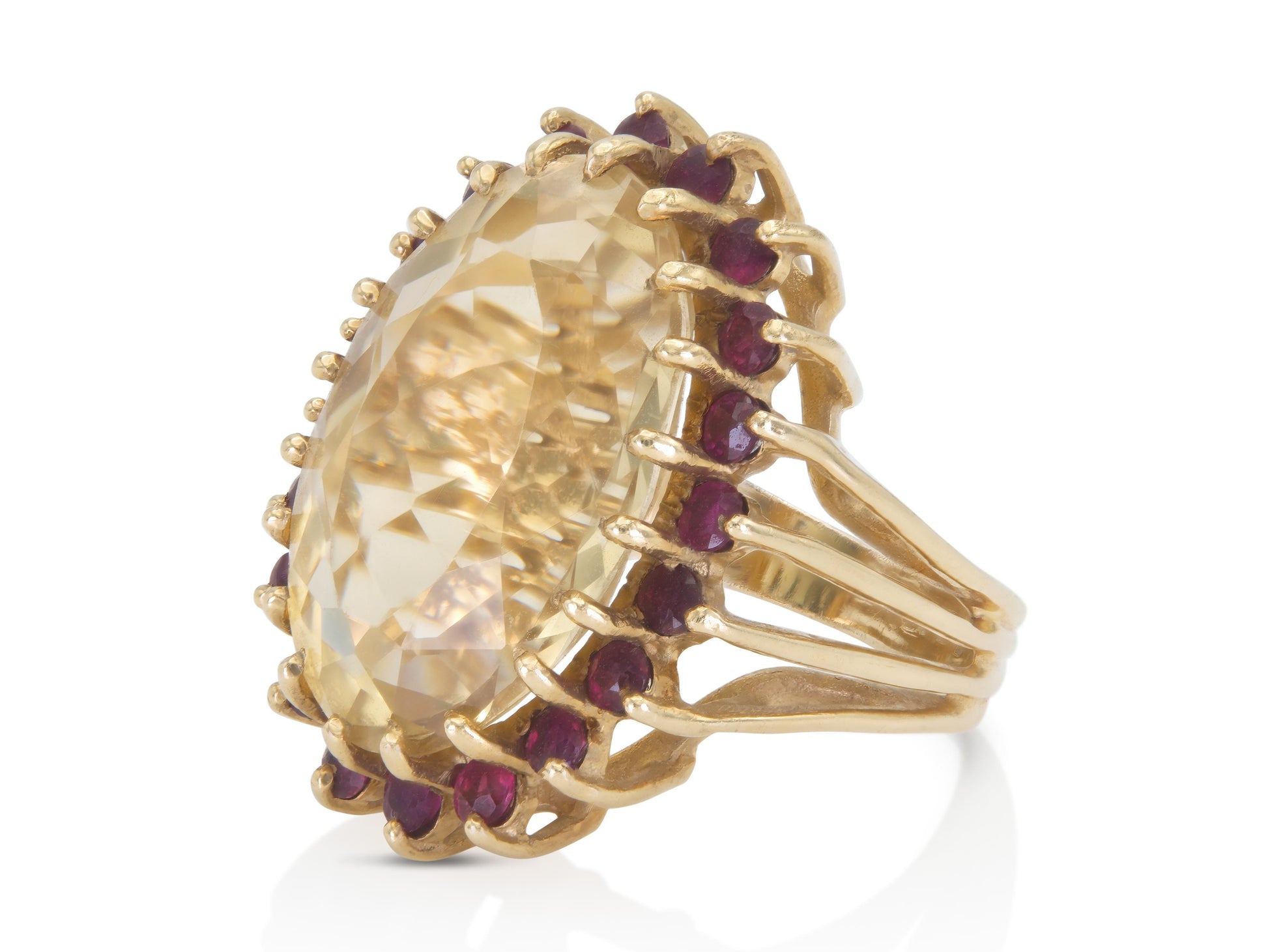 Vintage 1940s Retro 10.00 Carat Citrine Ring with Ruby Halo