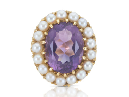 Vintage 1940s Retro 10.00 Carat Amethyst Ring with Pearl Halo