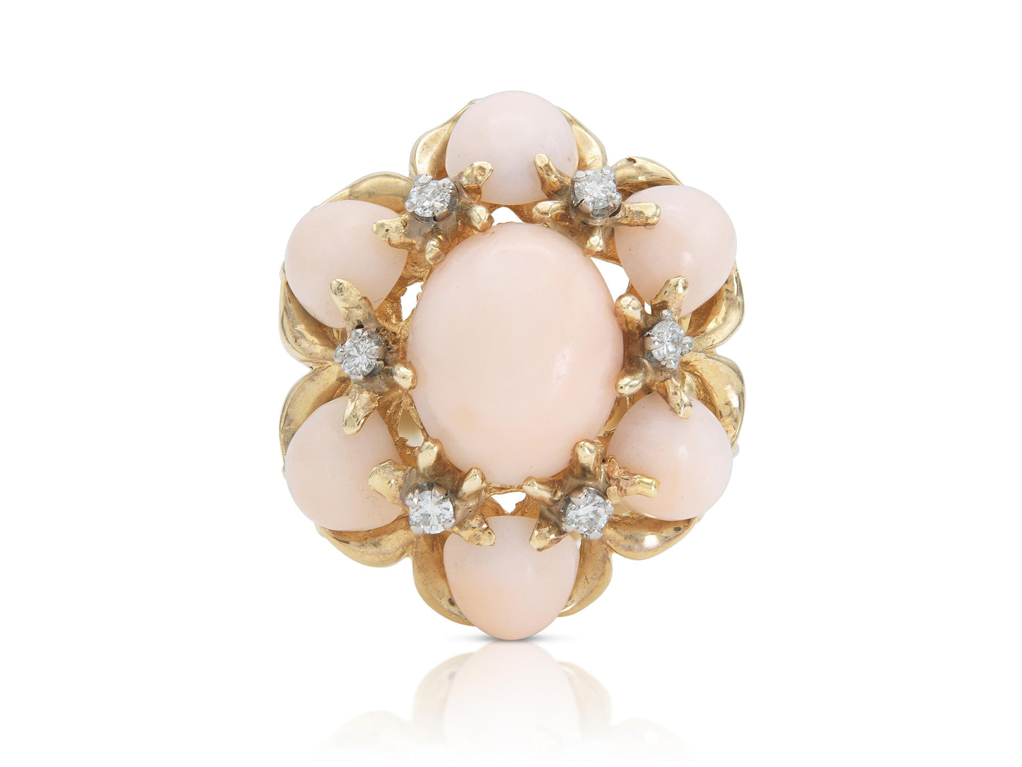 Vintage 1970s Angel Skin Coral Cocktail Ring with Diamonds