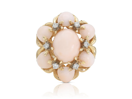 Vintage 1970s Angel Skin Coral Cocktail Ring with Diamonds
