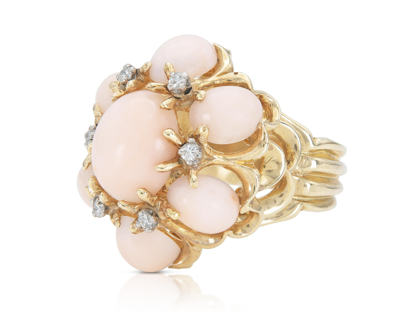 Vintage 1970s Angel Skin Coral Cocktail Ring with Diamonds