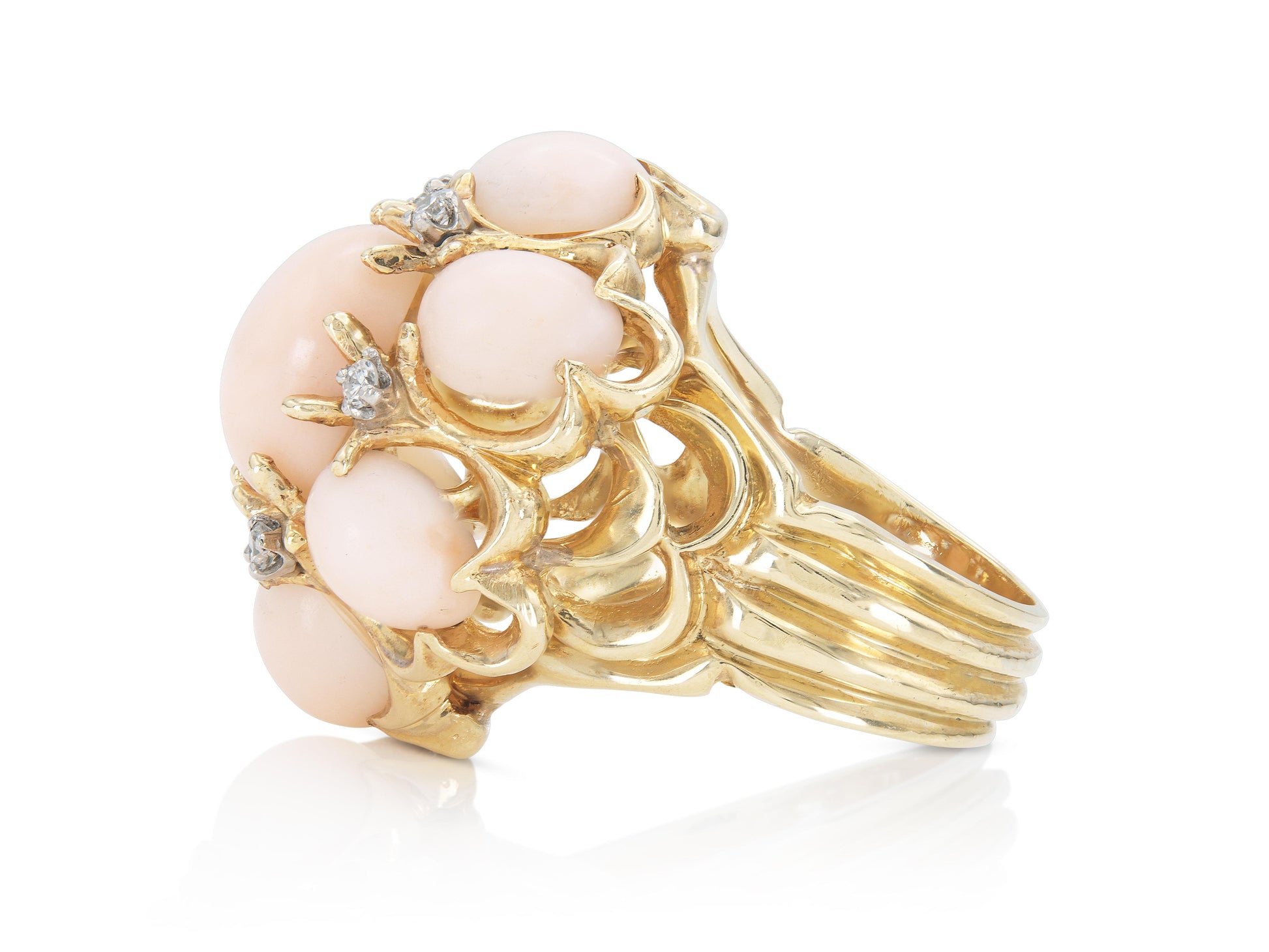 Vintage 1970s Angel Skin Coral Cocktail Ring with Diamonds