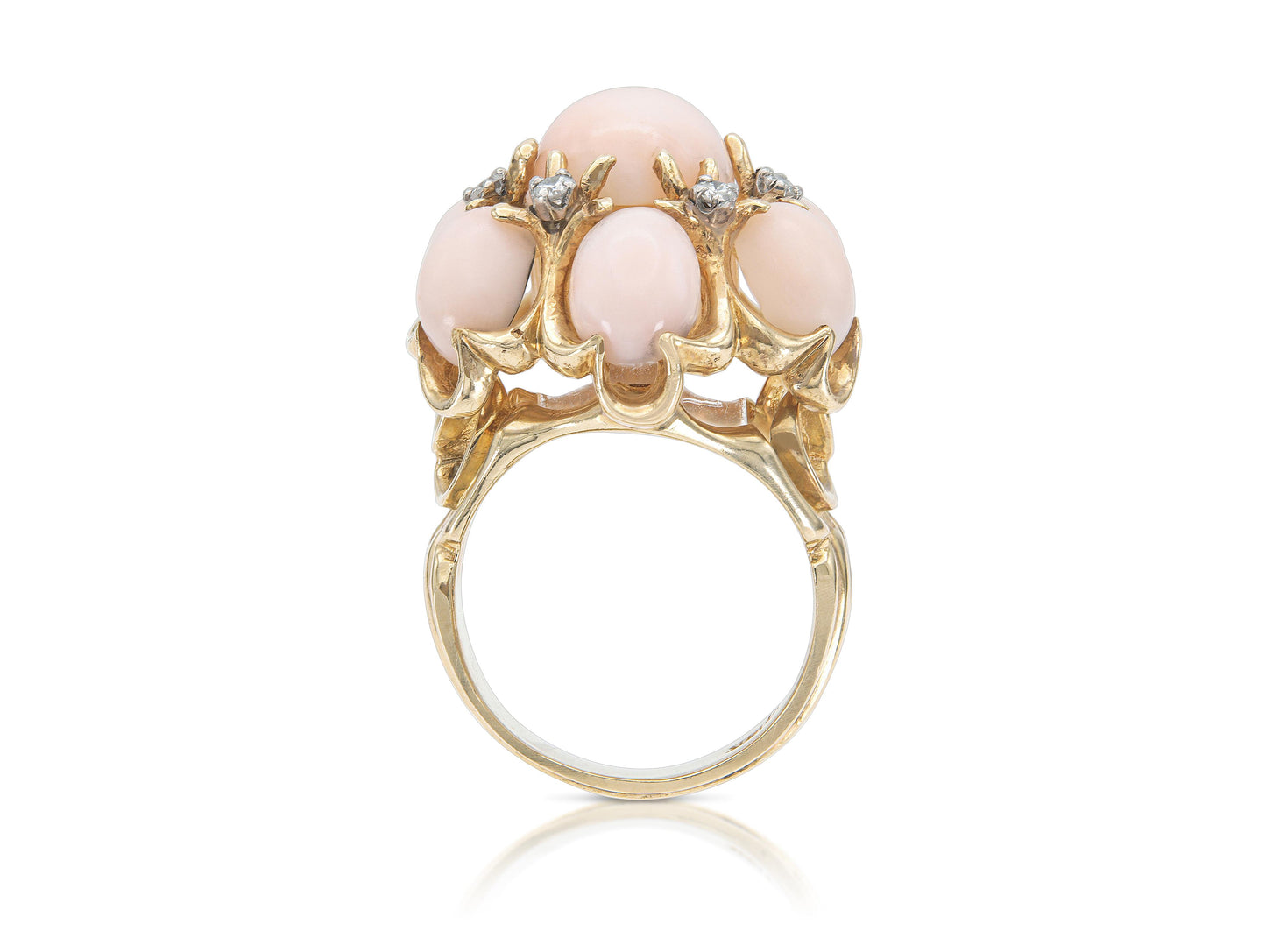 Vintage 1970s Angel Skin Coral Cocktail Ring with Diamonds