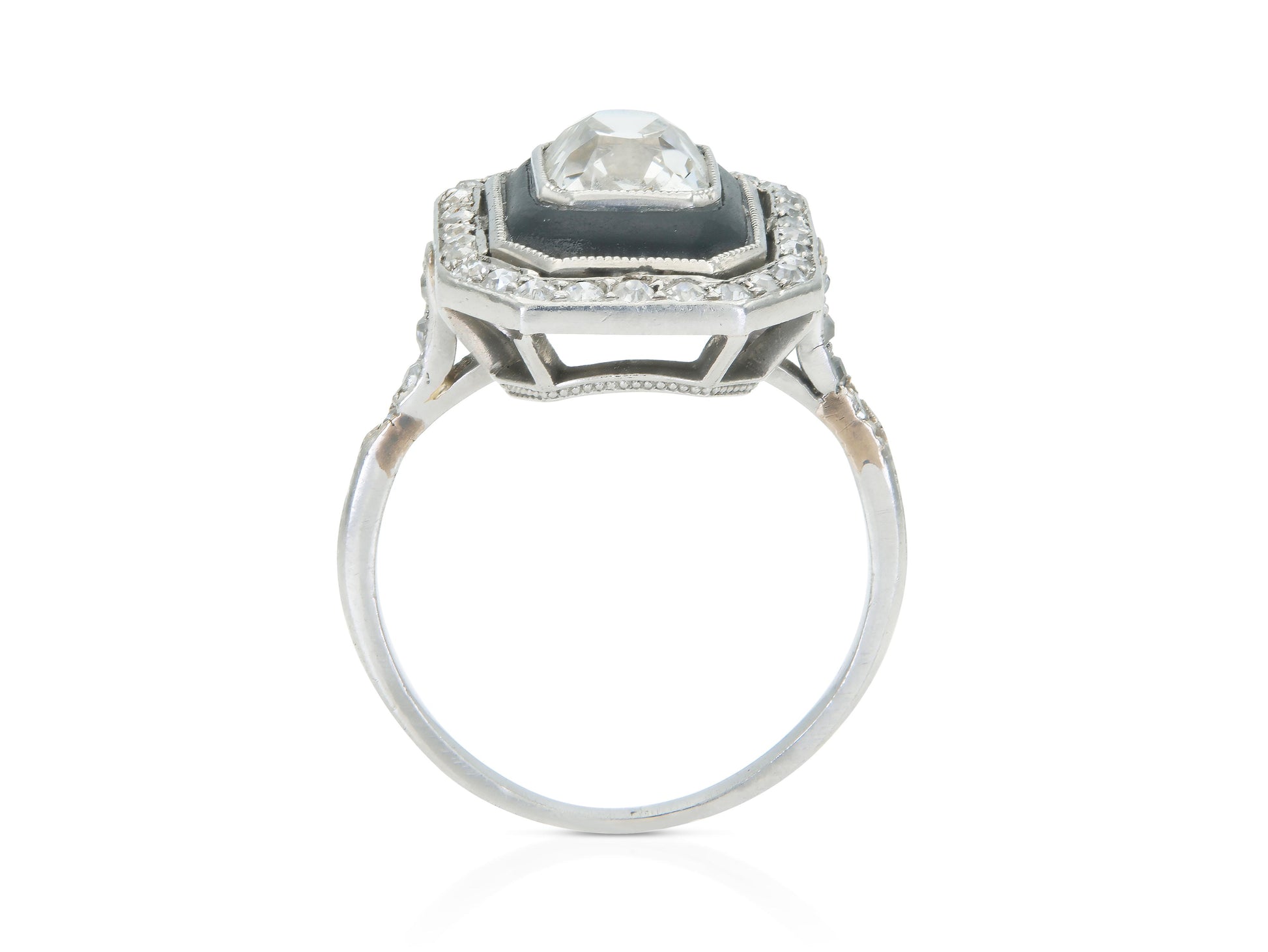 Antique Art Deco 1920s 1.60 Carat Old Mine Cut Diamond Octagonal Ring with Onyx