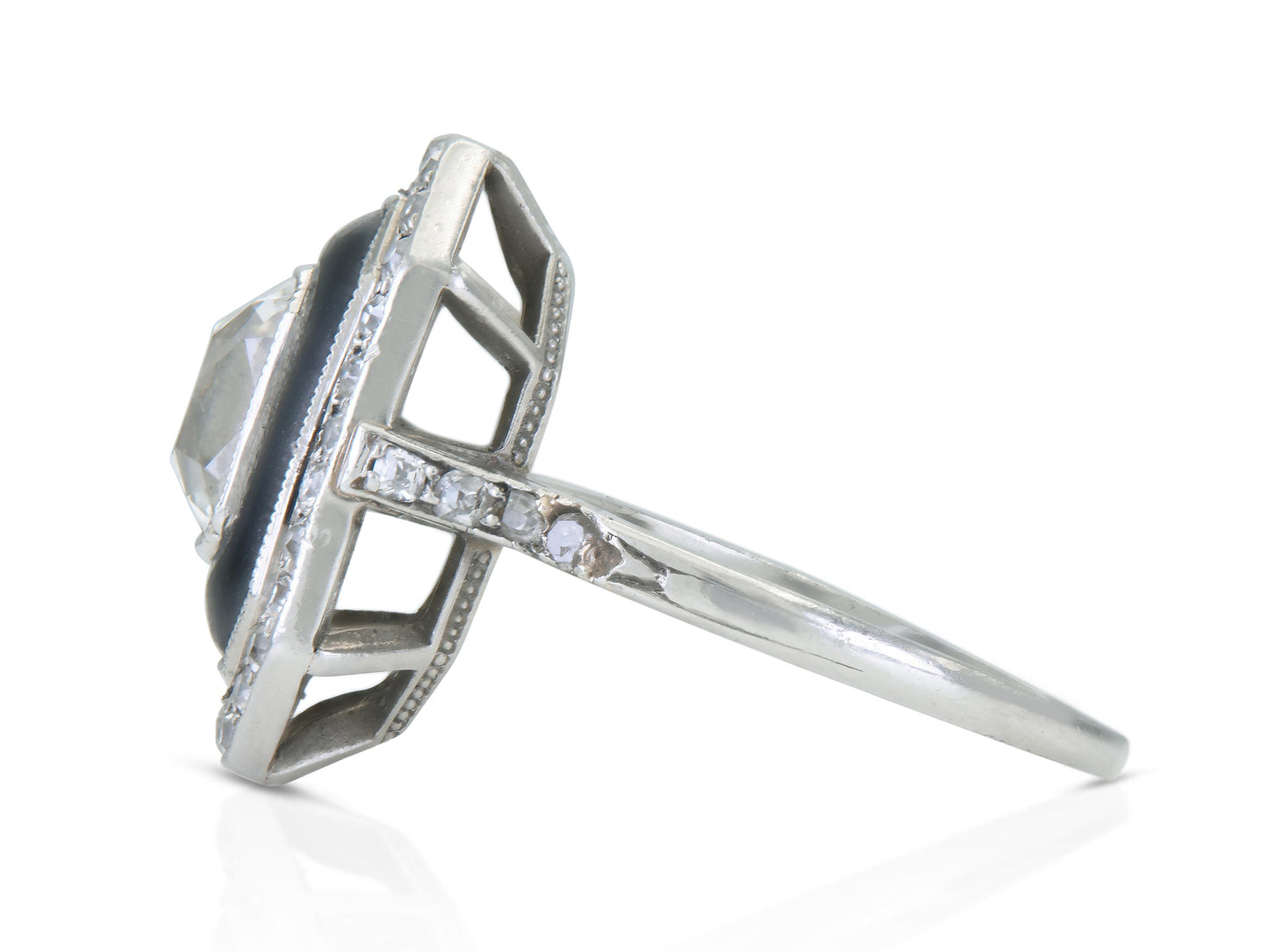 Antique Art Deco 1920s 1.60 Carat Old Mine Cut Diamond Octagonal Ring with Onyx