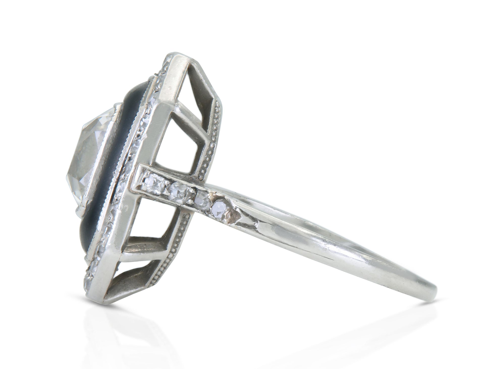 Antique Art Deco 1920s 1.60 Carat Old Mine Cut Diamond Octagonal Ring with Onyx