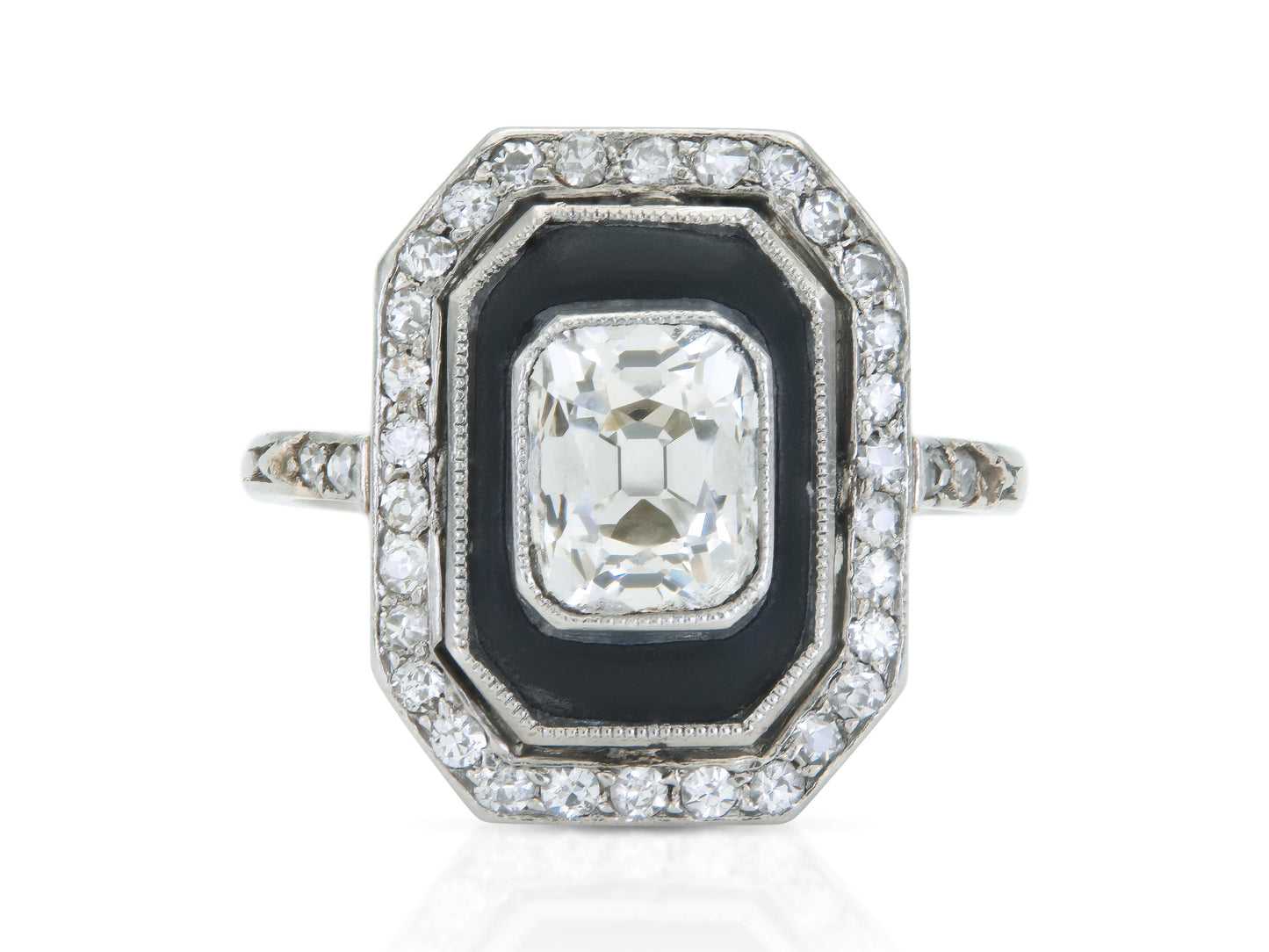 Antique Art Deco 1920s 1.60 Carat Old Mine Cut Diamond Octagonal Ring with Onyx