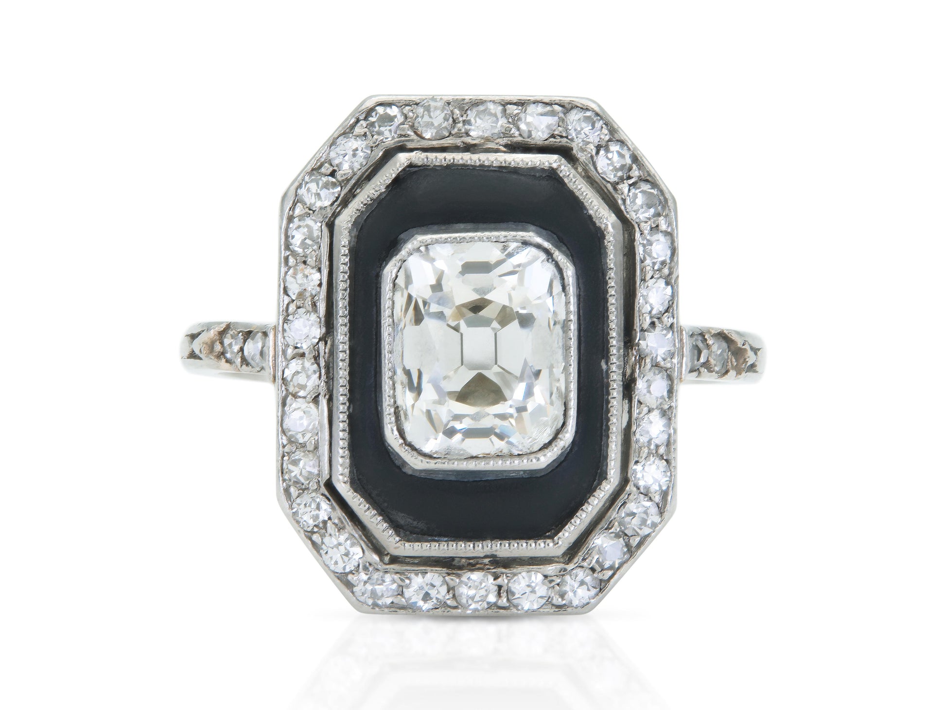 Antique Art Deco 1920s 1.60 Carat Old Mine Cut Diamond Octagonal Ring with Onyx