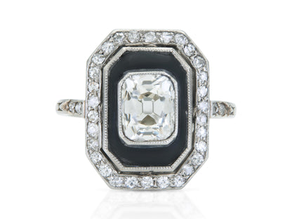 Antique Art Deco 1920s 1.60 Carat Old Mine Cut Diamond Octagonal Ring with Onyx
