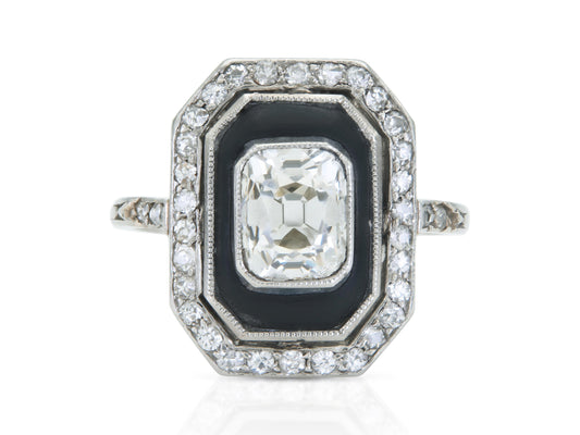 Antique Art Deco 1920s 1.60 Carat Old Mine Cut Diamond Octagonal Ring with Onyx
