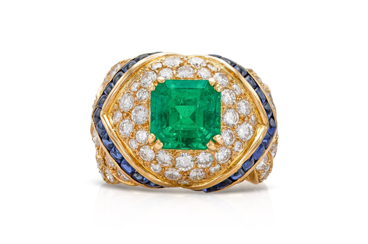 Vintage 1980s Mauboussin Emerald Ring with Diamonds and Sapphires