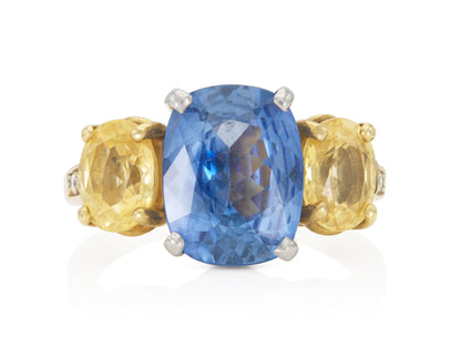 Vintage 1970s 3.00 Carat Blue Sapphire and 1.00 Carat Yellow Sapphires Ring